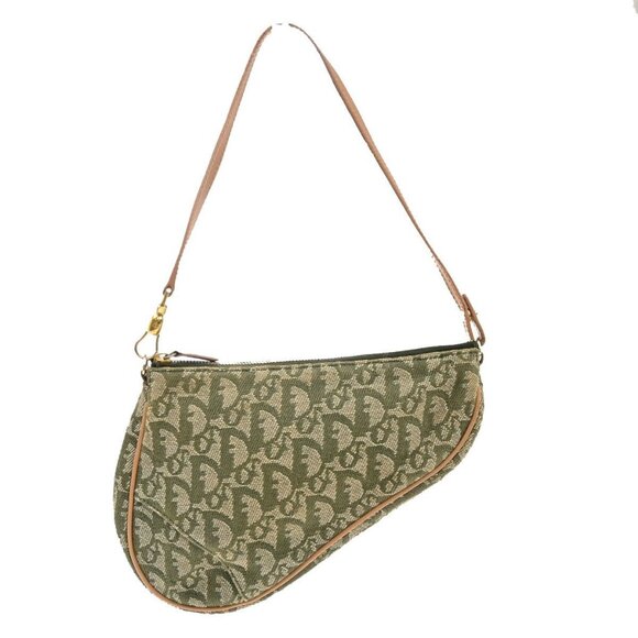 CHRISTIAN DIOR Logo Saddle Shoulder Bag Canvas Leather Green Spain - Picture 1 of 14